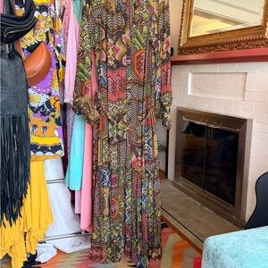 FARM RIO + YAWANWA Multicolored Tribal Print Long Sleeve Maxi Dress